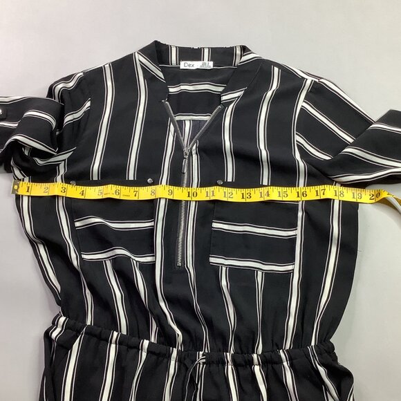 Striped Black & White Midi Dress Roll-Up Sleeves Drawstring Waist Old Money - Picture 4 of 10